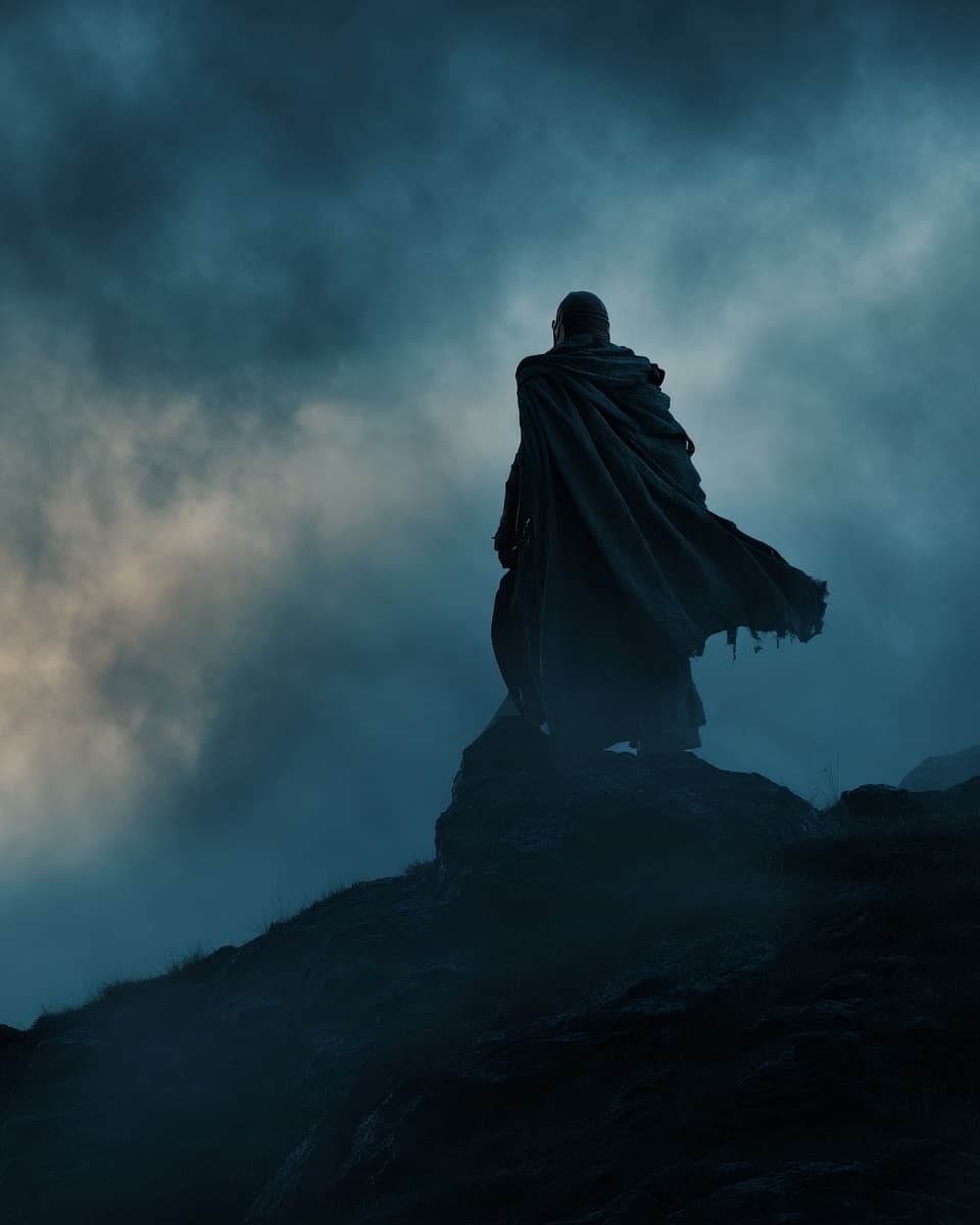 Cloaked warrior silhouette standing on a stormy ridge at dusk